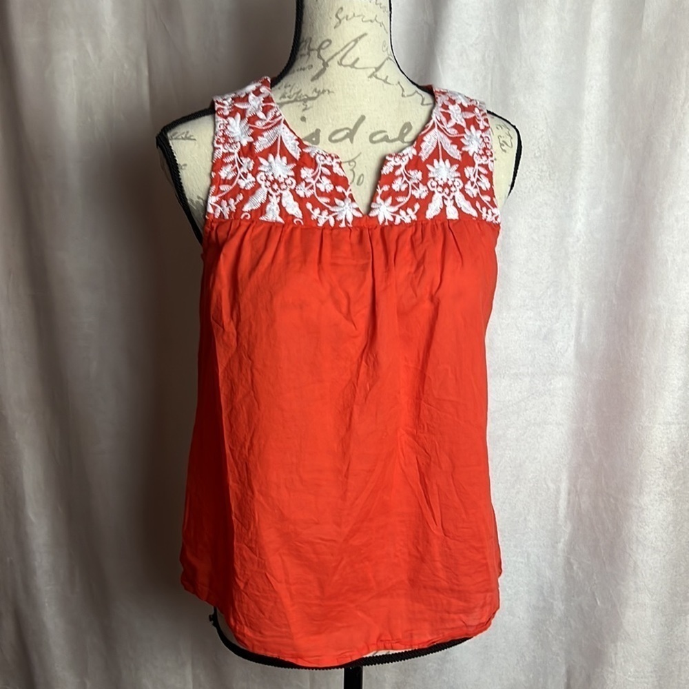 Embroidered Voile Shell BRIGHT PAPAYA/WHITE Women’s Talbots Blouse XS